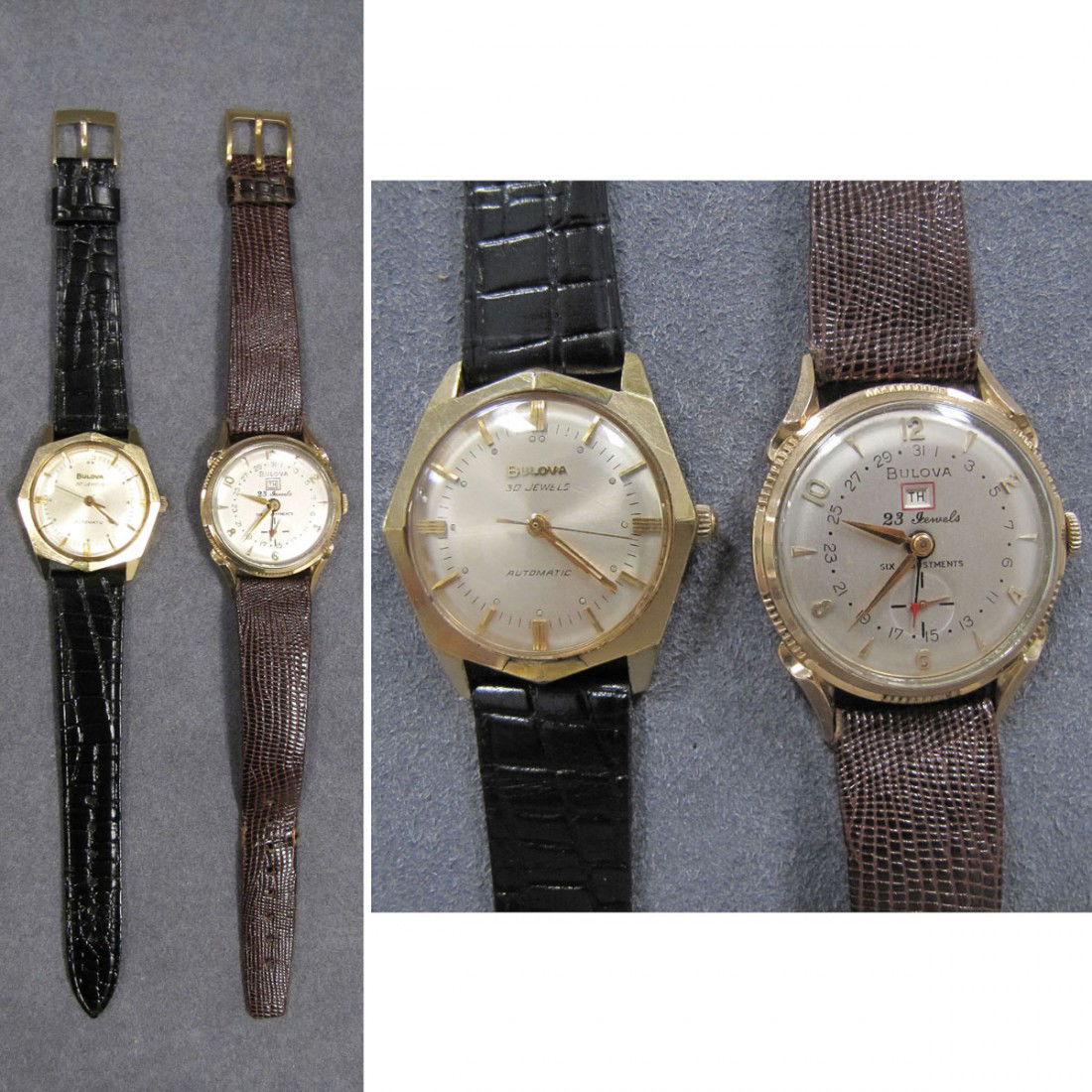 LOT (2) VINTAGE BULOVA GOLD FILLED WRISTWATCHES: LOT (2) VINTAGE BULOVA GOLD FILLED WRISTWATCHES INCLUDING 30 JEWEL AUTOMATIC, 35MM; 23 JEWEL DAY/DATE SELF WINDING, 35MM