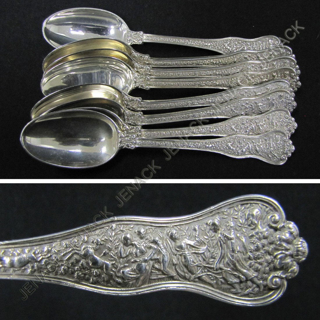 SET (8) TIFFANY & CO. STERLING OLYMPIAN TEASPOONS: SET (8) TIFFANY & CO. STERLING OLYMPIAN TEASPOONS, MOORE MARK, MONOGRAMMED 1878. LENGTH 6 1/8"; TWT 12.5 OZT
