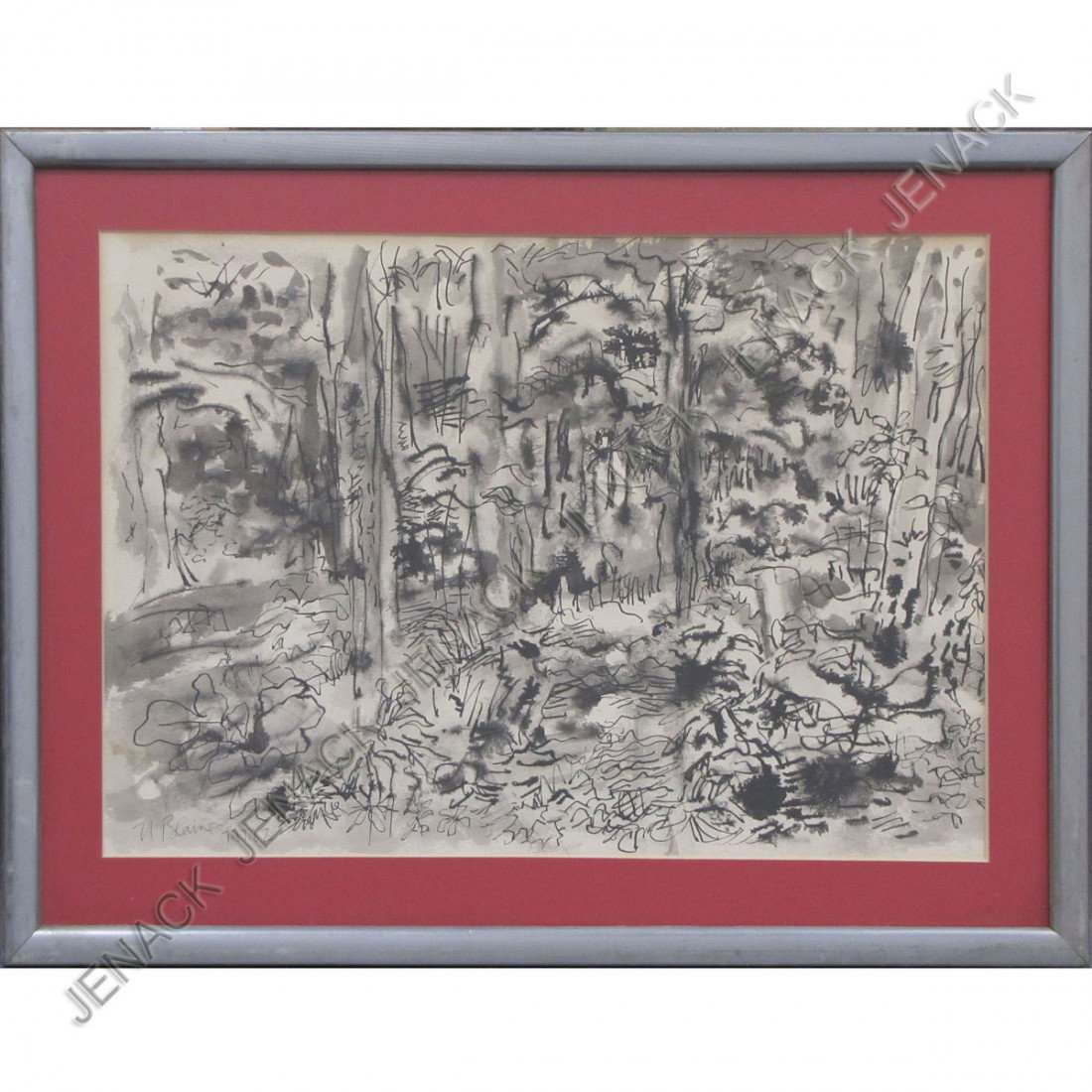 NELL BLAIR WALDEN BLAINE (AMERICAN NY 1922-1996): NELL BLAIR WALDEN BLAINE (AMERICAN NY 1922-1996), INK AND WASH, UNTITLED LANDSCAPE, SIGNED 7.17.62. SIGHT 11 1/2 X 17"; FRAMED AND GLAZED-15 1/2 X 21"