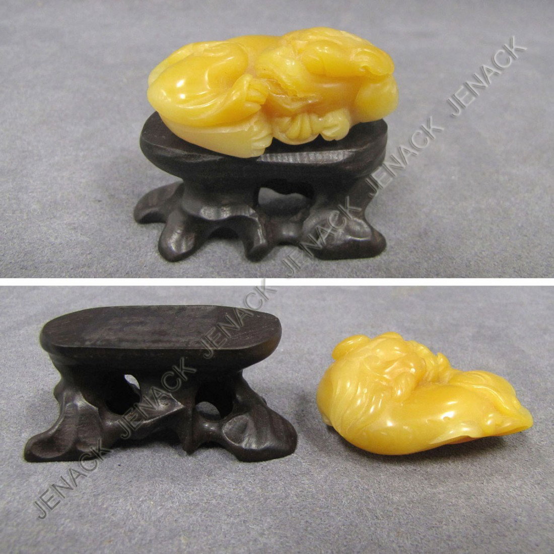 CHINESE CARVED TIEN WANG SOAPSTONE TOGGLE: CHINESE CARVED TIEN WANG SOAPSTONE TOGGLE. LENGTH 1 7/8" WITH STAND