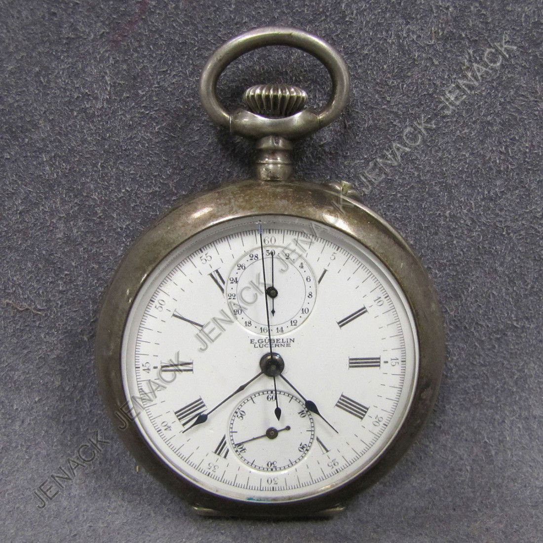 E. GUBELIN, LUCERNE CHRONOGRAPH POCKET WATCH: E. GUBELIN, LUCERNE .875 SILVER OPEN FACE CHRONOGRAPH POCKET WATCH. 53MM
