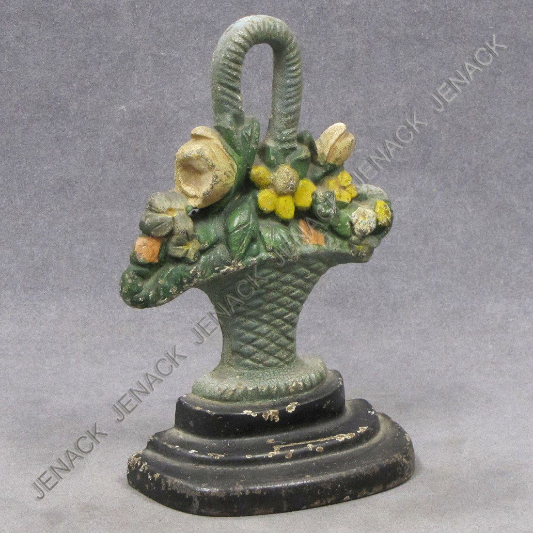 CAST IRON PAINTED BASKET OF FLOWERS DOORSTOP: VINTAGE CAST IRON PAINTED BASKET OF FLOWERS DOORSTOP. HEIGHT 8"; WIDTH 5"