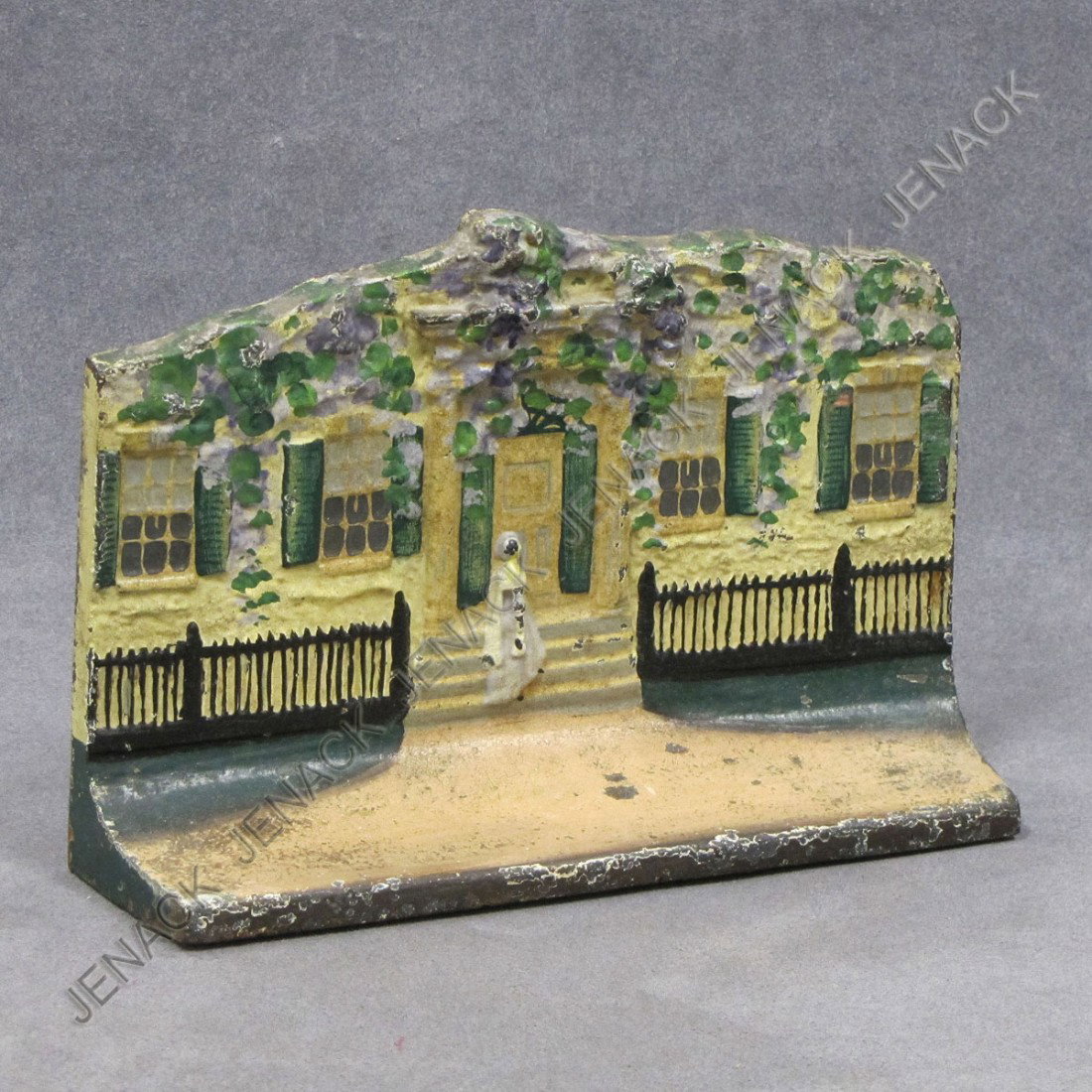 VINTAGE CAST IRON PAINTED COTTAGE DOORSTOP, SIGNED: VINTAGE CAST IRON PAINTED COTTAGE DOORSTOP, SIGNED EASTERN SPECIALTY MFG. CO. NO. 50. HEIGHT 5 5/8"; WIDTH 8 3/8"