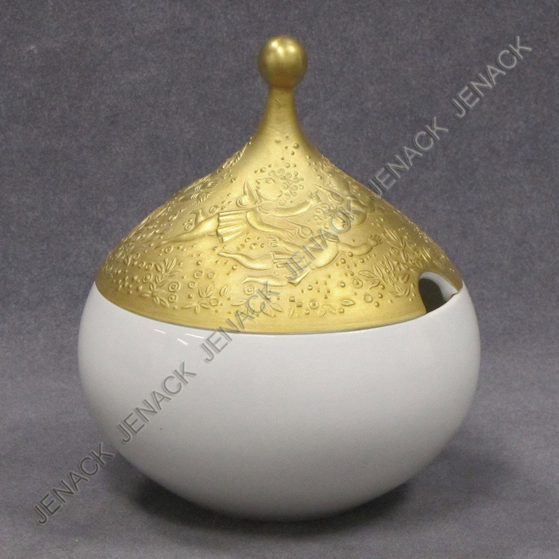 ROSENTHAL STUDIO LINE SUGAR BOWL: ROSENTHAL STUDIO LINE "MAGIC FLUTE/SARASTRO" GILT DECORATED COVERED SUGAR BOWL, SIGNED BJORN WIINBLAD. HEIGHT 6"; DIAMETER 5"