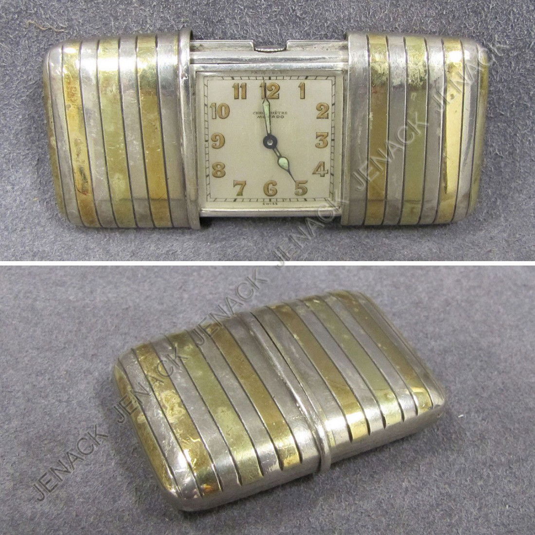 MOVADO .935 SILVER AND GOLD ERMENTO TRAVEL WATCH: VINTAGE MOVADO .935 SILVER AND GOLD ERMENTO TRAVEL WATCH. 48MM (CLOSED) PROVENANCE: SOTHEBY'S NY LOT #434