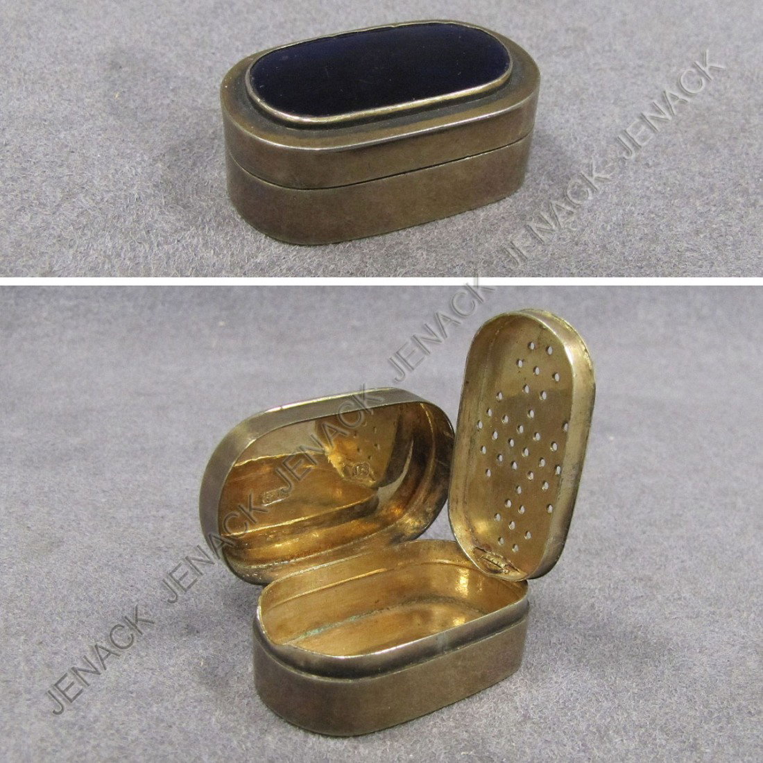LONDON STERLING COBALT ENAMELED VINAIGRETTE: LONDON STERLING COBALT ENAMELED VINAIGRETTE, 1818-19 MARKED GB. LENGTH 1 3/8"; GROSS WEIGHT 0.62 OZT