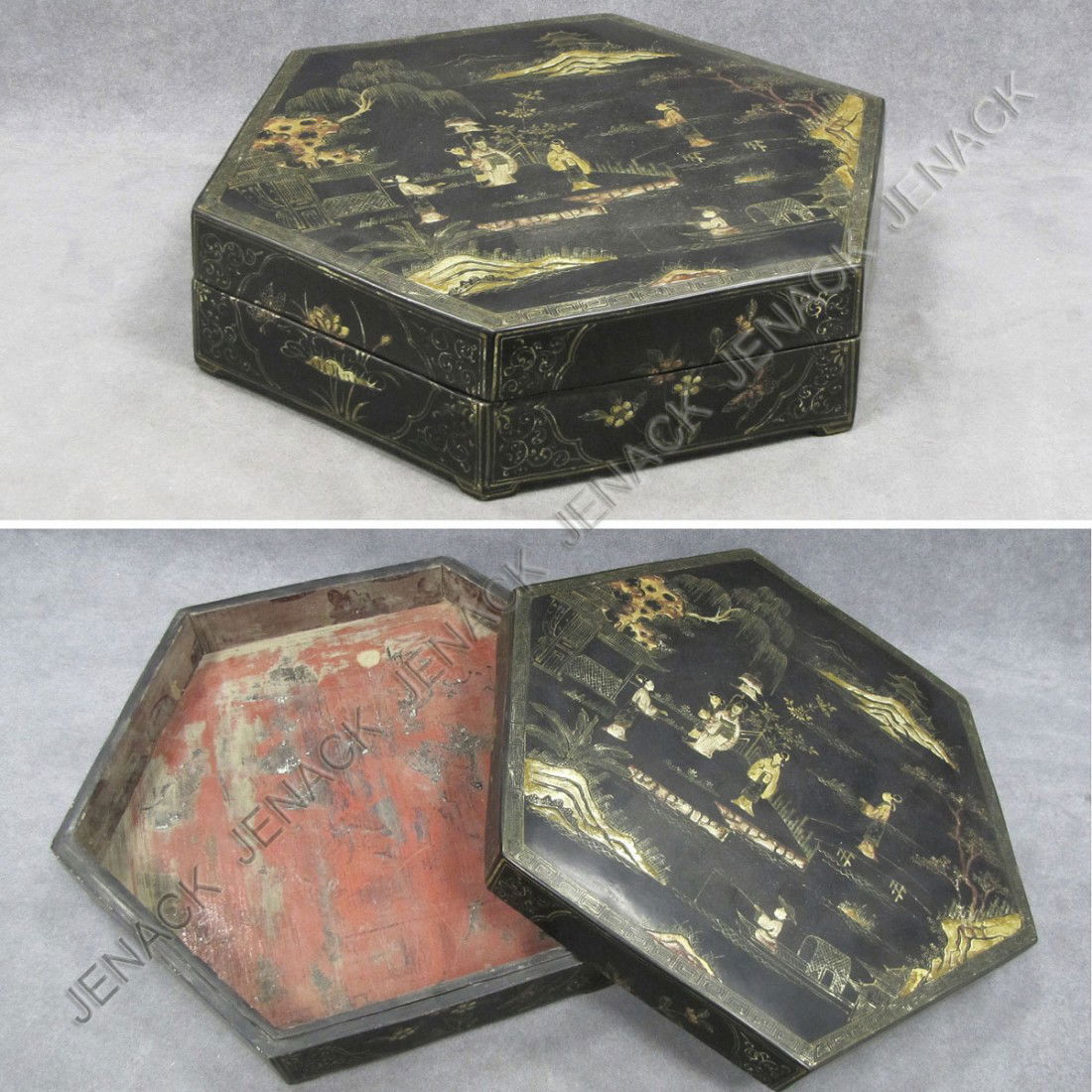 CHINESE LACQUER DECORATED COVERED BOX: CHINESE LACQUER DECORATED COVERED BOX, BEARING SPURIOUS KANG HSI MARK. HEIGHT 3 1/4"; DIAMETER 14"