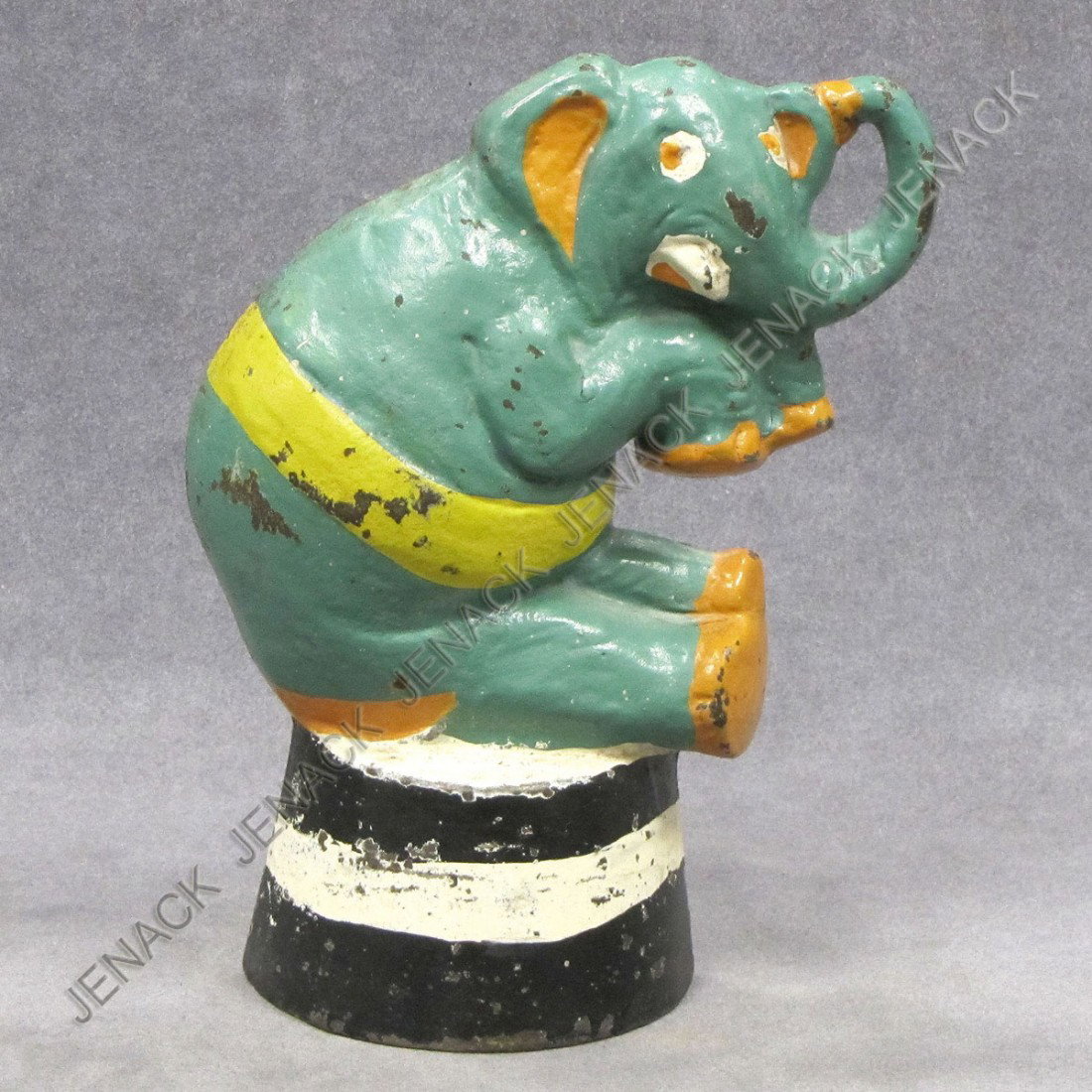 VINTAGE TAYLOR COOK #2 CAST IRON PAINTED ELEPHANT: VINTAGE TAYLOR COOK NO. 2 CAST IRON PAINTED ELEPHANT DOORSTOP, SIGNED AND DATED 1930. HEIGHT 8 1/4"