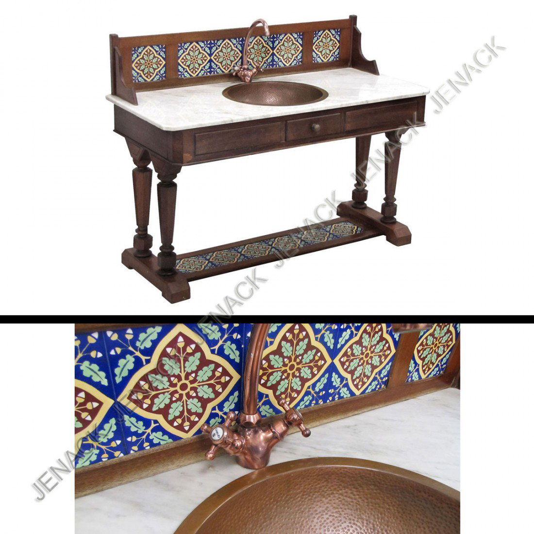 EDWARDIAN ARTS AND CRAFTS MARBLE TOP COPPER SINK: EDWARDIAN ARTS AND CRAFTS MARBLE TOP COPPER SINK WASH STAND. HEIGHT 37"; WIDTH 48"