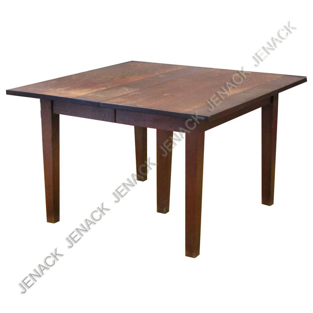 GUSTAV STICKLEY (AMERICAN 1858-1942) DINING TABLE: GUSTAV STICKLEY (AMERICAN 1858-1942) OAK EXTENSION DINING TABLE WITH PARTIAL LABEL, 20TH CENTURY. HEIGHT 29"; TOP CLOSED 44 X 44" (WITH (5) 11" LEAVES)