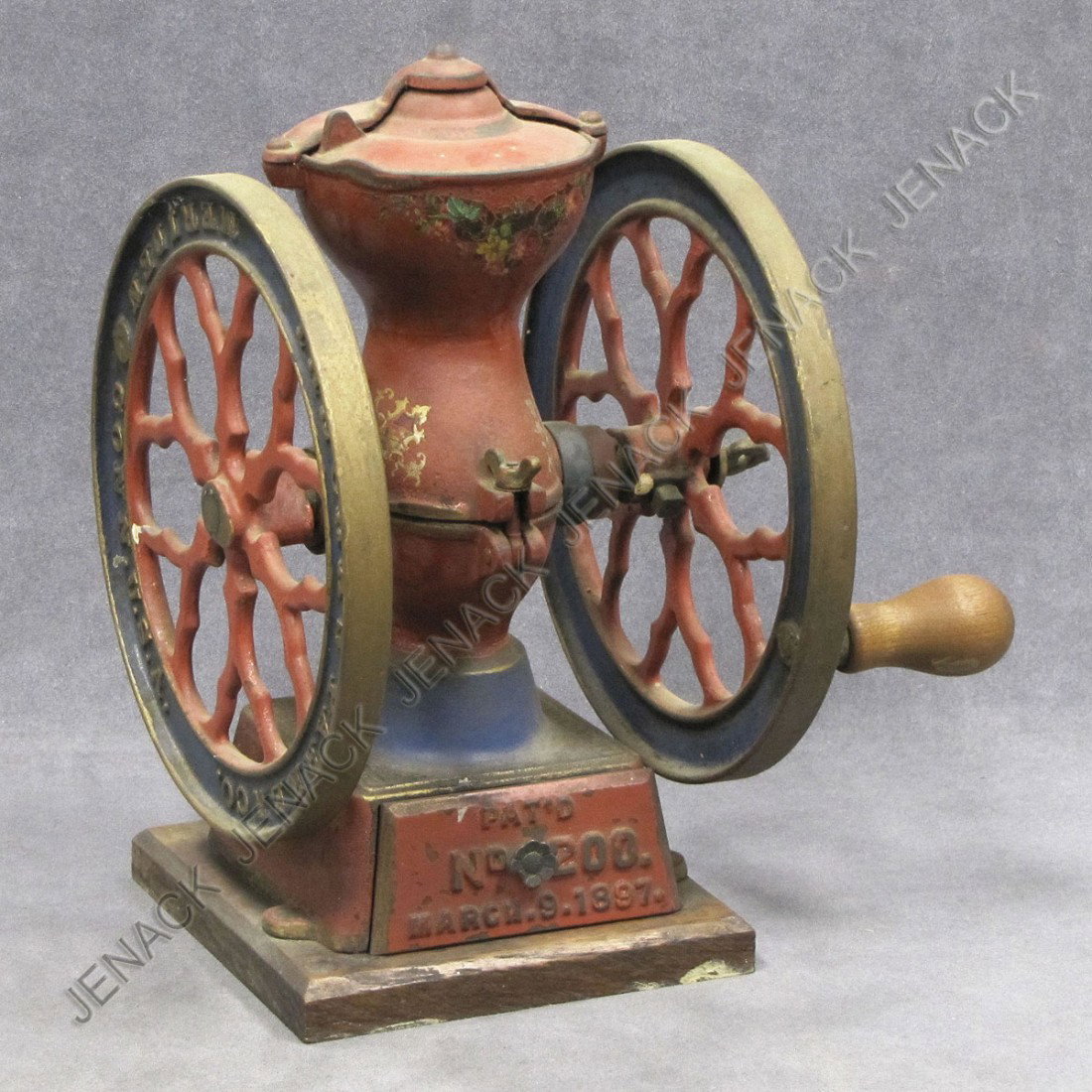 THE CHARLES PARKER CO. MERIDEN COFFEE MILL #200: THE CHARLES PARKER CO. MERIDEN, CONNECTICUT USA CAST IRON COFFEE MILL #200 WITH ORIGINAL PAINT, 1897. HEIGHT 13"