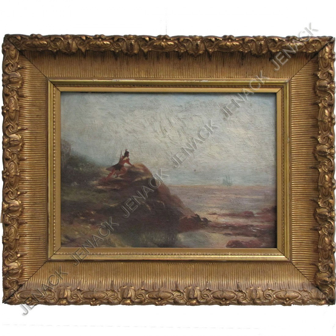 WILLIAM M. HATFIELD (AMERICAN 19/20TH CENTURY): WILLIAM M. HATFIELD (AMERICAN 19/20TH CENTURY), OIL ON ARTIST BOARD, INDIAN WATCHING HENRY HUDSON'S SHIP THE HALF MOON, SIGNED. 9 1/2 X 12 3/4"; FRAMED 15 X 19"