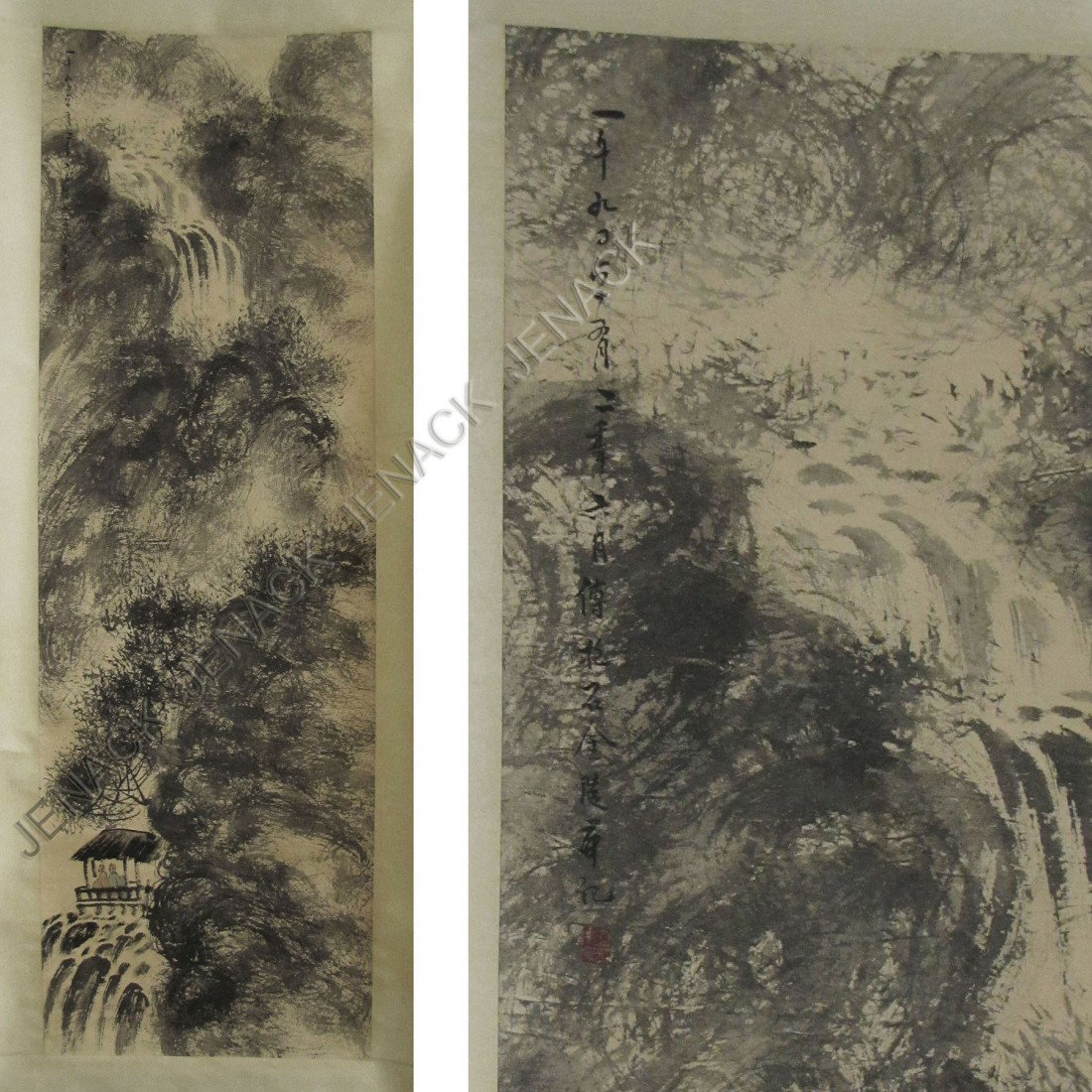 CHINESE INK/WASH SCROLL PAINTING ON PAPER: CHINESE INK/WASH SCROLL PAINTING ON PAPER, MT. LANDSCAPE WITH FIGURES, MANNER OF FU BAO SHI, 20TH CENTURY. 53 X 17 1/4"