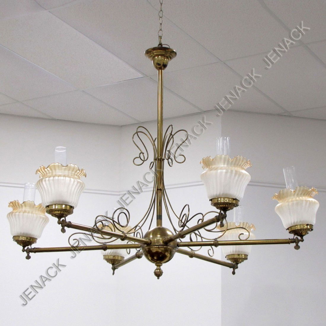 Vintage Brass 6 Arm Gas Light Chandelier