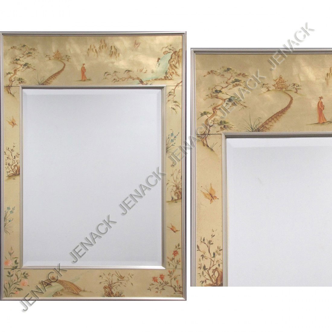 LA BARGE DESIGNER HAND DECORATED BEVELED MIRROR: LA BARGE DESIGNER HAND DECORATED GOLD LEAF BEVELED MIRROR. 42 1/2 X 29"