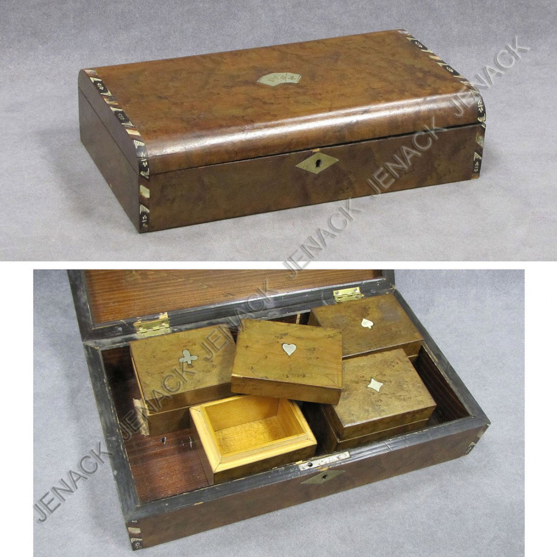 FINE ENGLISH BURL & INLAID PLAYING CARD/GAMES BOX: FINE ENGLISH BURL AND INLAID PLAYING CARD/GAMES BOX, 19TH CENTURY. LENGTH 10 3/4"