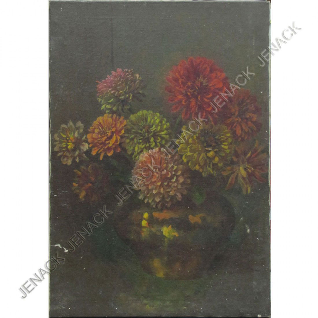 LEON MORAN, OIL ON CANVAS, STILL LIFE: LEON MORAN (AMERICAN NEW JERSEY/PENNSYLVANIA 1864-1941), OIL ON CANVAS, STILL LIFE MUMS IN VASE, SIGNED. 25 3/4 X 18"