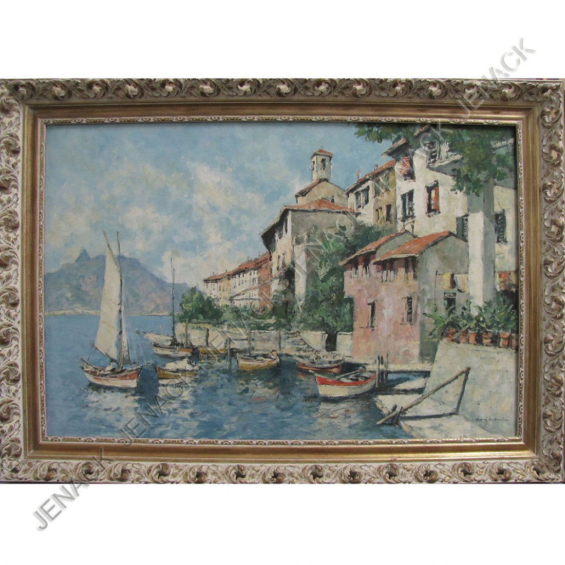 OTTO HELLMEIER (GERMAN 1908-1997), OIL ON CANVAS: OTTO HELLMEIER (GERMAN 1908-1997), OIL ON CANVAS, MEDITERRANEAN FISHING VILLAGE, SIGNED. 24 X 36"; FRAMED 30 X 42"