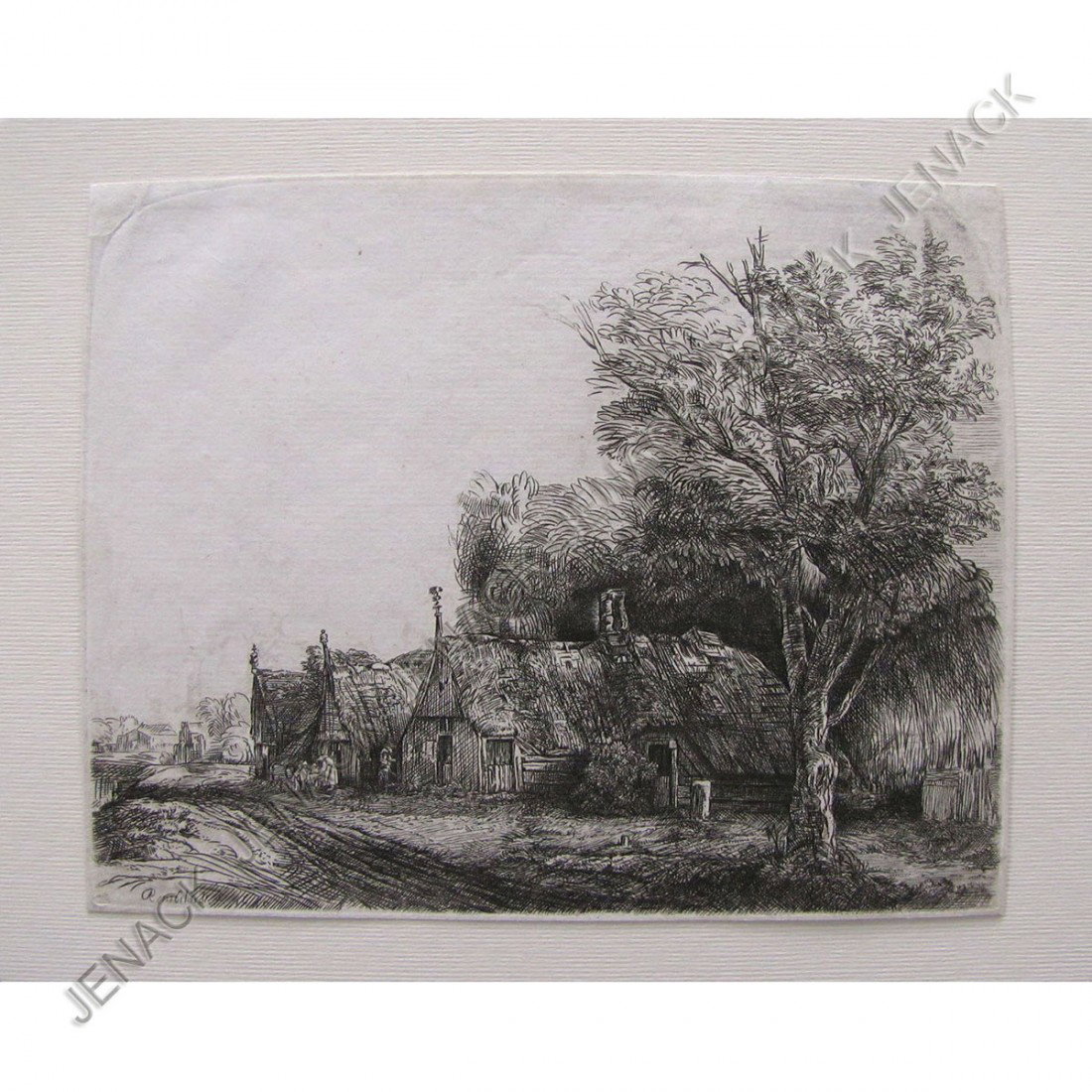 REMBRANDT VAN RIJN, ETCHING/DRYPOINT: REMBRANDT VAN RIJN, ETCHING/DRYPOINT, THREE GABLED COTTAGES BESIDE A ROAD, BARTSCH, 217 (III/III), GOOD LATER IMPRESSION. SHEET 6 1/2 X 8 3/16"