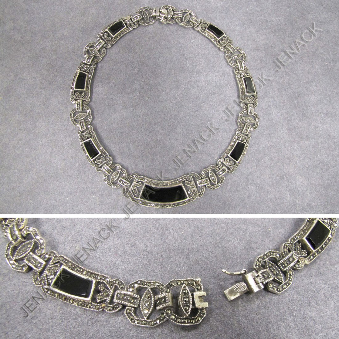SILVER, ONYX, AND MARCASITE NECKLACE: SILVER, ONYX, AND MARCASITE NECKLACE. LENGTH 16 1/2"; GROSS 2.74 OZT