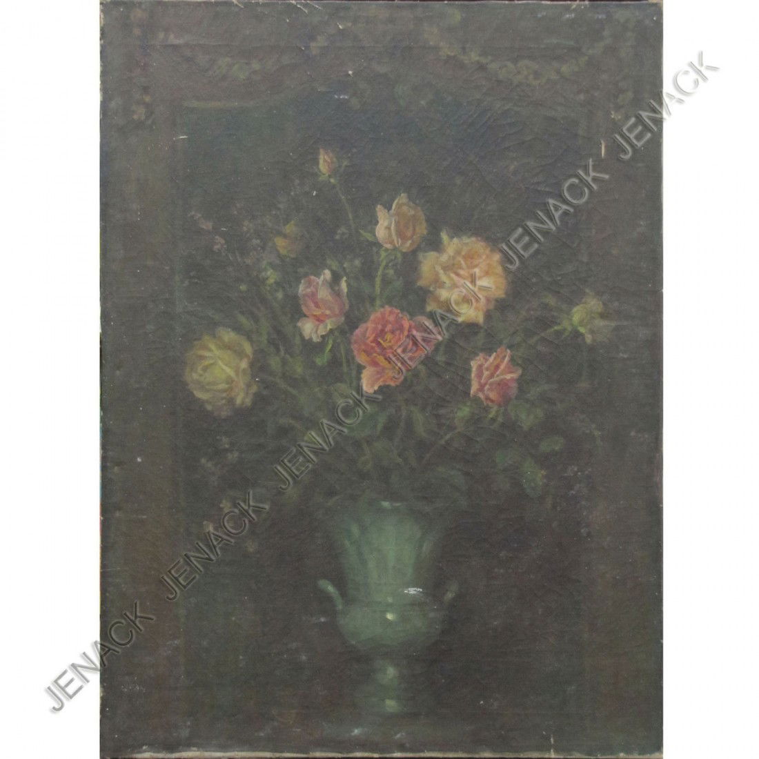 ATTRIBUTED TO LEON MORAN, OIL ON CANVAS: ATTRIBUTED TO LEON MORAN (AMERICAN NEW JERSEY/PENNSYLVANIA 1864-1941), OIL ON CANVAS, STILL LIFE ROSES IN VASE, UNSIGNED. 27 X 20"