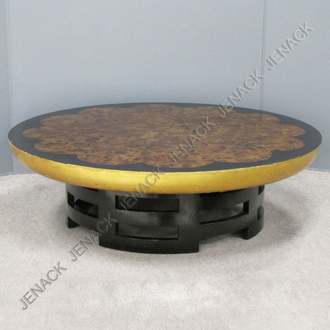 JAMES MONT (AMERICAN 1904-1978), LACQUERED TABLE: JAMES MONT (AMERICAN 1904-1978), DESIGN CHINESE STYLE ROUND LACQUERED LOW TABLE, 1940'S. MADE BY KITTINGER; MODEL #T317; SERIAL #53 HEIGHT 14 1/2"; DIAMETER 47 1/2"