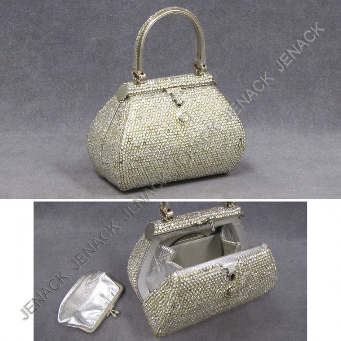 JUDITH LEIBER EVENING HAND BAG WITH ORIGINAL BOX: JUDITH LEIBER EVENING HAND BAG WITH ORIGINAL BOX. HEIGHT 7 1/2"; WIDTH 6" (MISSING A FEW RHINESTONES)