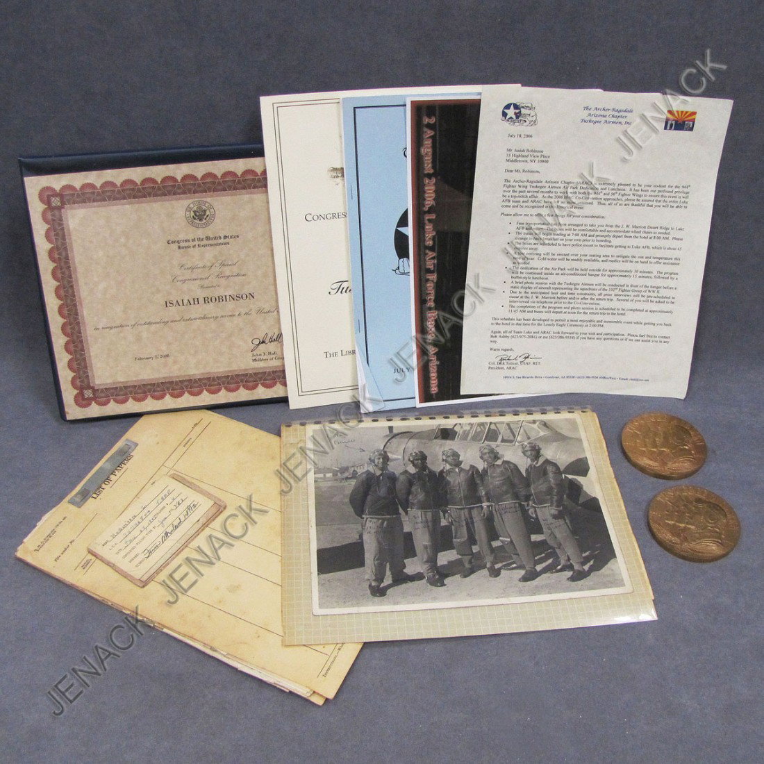 LOT LIEUTENANT ISAIAH ROBINSON (TUSKEGEE AIRMAN): LOT LIEUTENANT ISAIAH ROBINSON (TUSKEGEE AIRMAN) INCLUDING DOCUMENTS, PHOTOGRAPHS, BRONZE MEDALLIONS, CONGRESS COMMENDATION, ETC., 1941-1949 (Please note other firearm and related lots are open for on