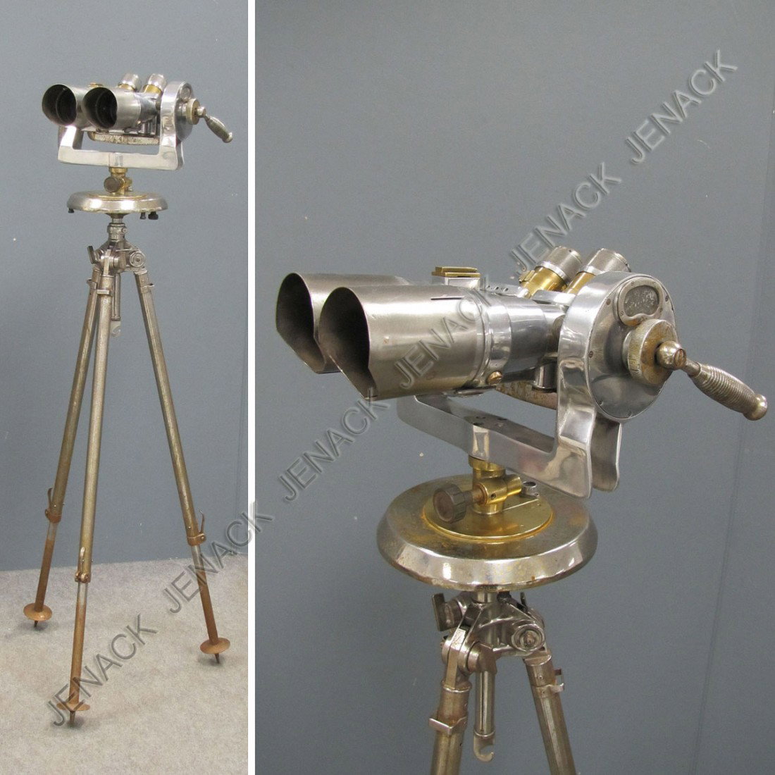 VINTAGE CHROME STEEL AND BRASS MILITARY BINOCULARS: VINTAGE CHROME STEEL AND BRASS MILITARY SIGHTING BINOCULARS WITH STAND (Please note other firearm and related lots are open for online bidding at our website - www.jenack.com)