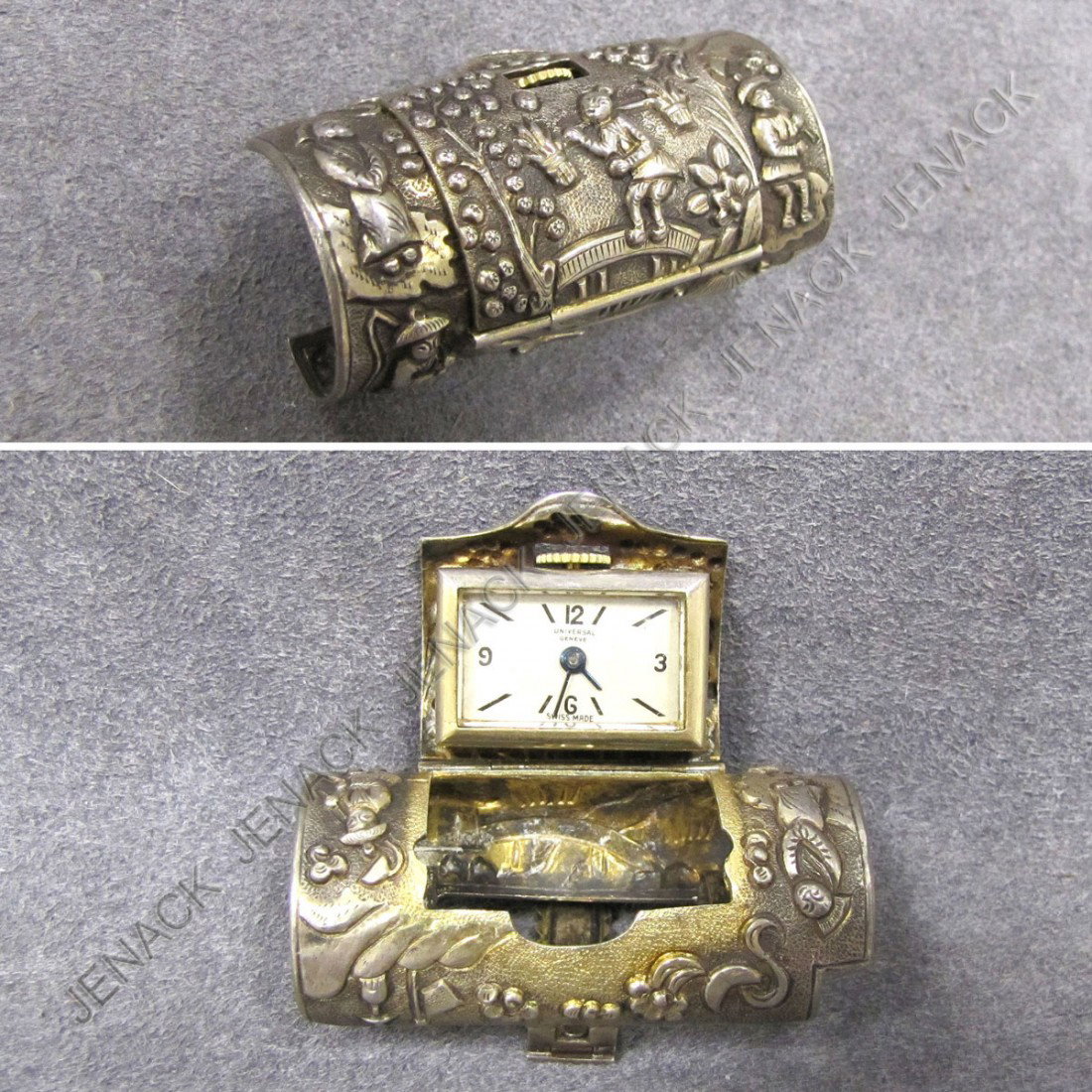 UNIVERSAL GENEVE CHINESE SILVER CASED CLIP WATCH: UNIVERSAL GENEVE CHINESE SILVER CASED CLIP WATCH. LENGTH 1 5/8"