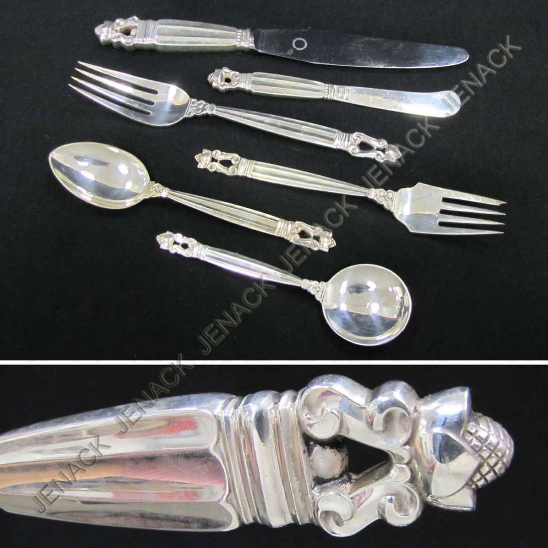 SET GEORGE JENSEN STERLING "ACORN" FLATWARE : SET GEORGE JENSEN STERLING "ACORN" FLATWARE, SERVICE FOR (12); WEIGHABLE SILVER (88.28 OZT) INCLUDING (12) DINNER KNIVES WITH STAINLESS STEEL BLADES; (12) DINNER FORKS, 7 1/2"; (12) SALAD/DESSERT FORK