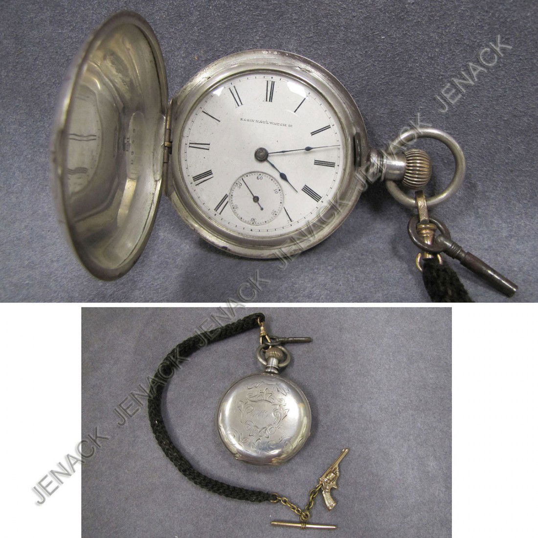 VINTAGE ELGIN NATIONAL WATCH CO. POCKET WATCH: VINTAGE ELGIN NATIONAL WATCH CO. COIN SILVER KEY WIND HUNTER CASE POCKET WATCH WITH VICTORIAN GOLD FILLED AND HAIR WORK FOB. 59MM