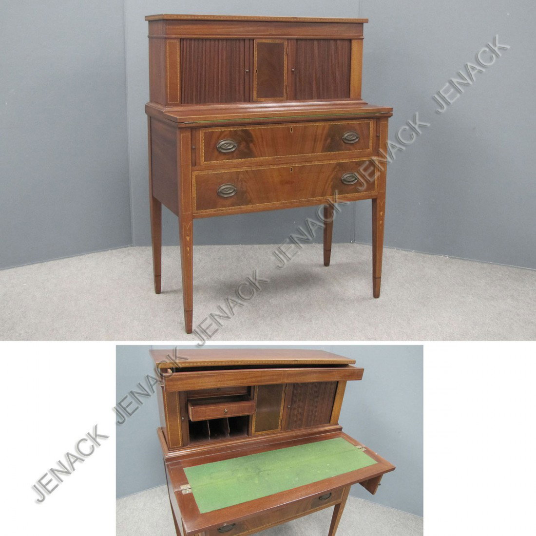 HEPPLEWHITE STYLE MAHOGANY TAMBOUR DESK: HEPPLEWHITE STYLE CARVED AND INLAID MAHOGANY TWO-DRAWER TAMBOUR DESK, SALEM, MASSACHUSETTS. HEIGHT 47 1/2"; WIDTH 36 1/4"