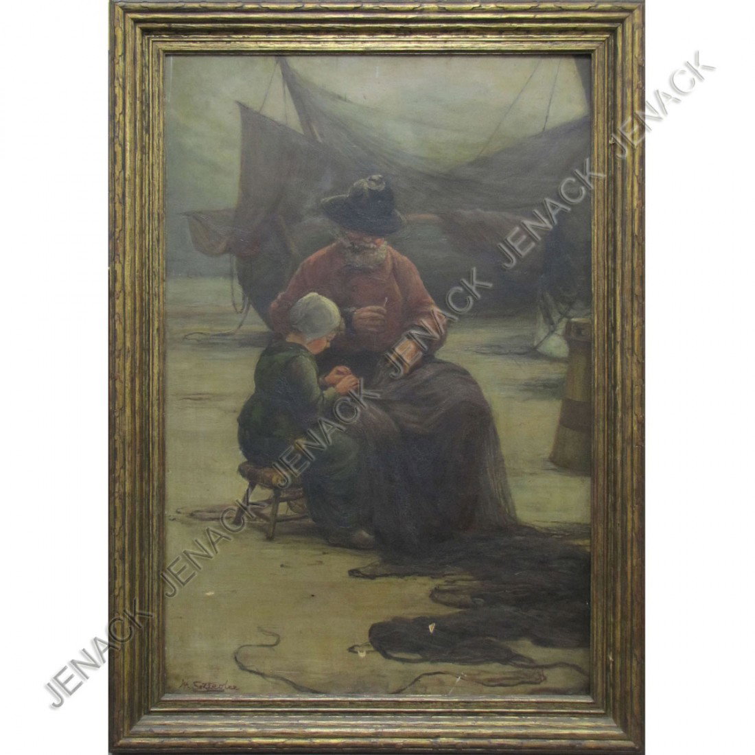 WALTER SATTERLEE (AMERICAN A.N.A. 1844-1908), OIL: WALTER SATTERLEE (AMERICAN A.N.A. 1844-1908), OIL ON CANVAS, MENDING NETS, SIGNED. 36 X 24"; FRAMED 41 X 29 1/2"