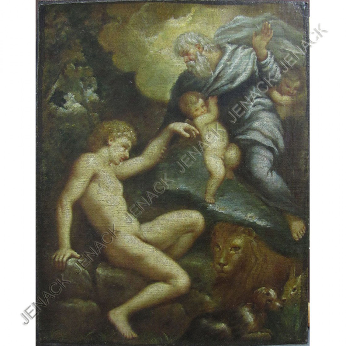 ATTRIBUTED TO LIVIO MEHUS, OIL ON CANVAS: ATTRIBUTED TO LIVIO MEHUS (OUDENAARDE/FLORENCE 1630-1691), OIL ON CANVAS LAID ON PANEL, THE CREATION OF ADAM. 14 1/4 X 11 1/2"