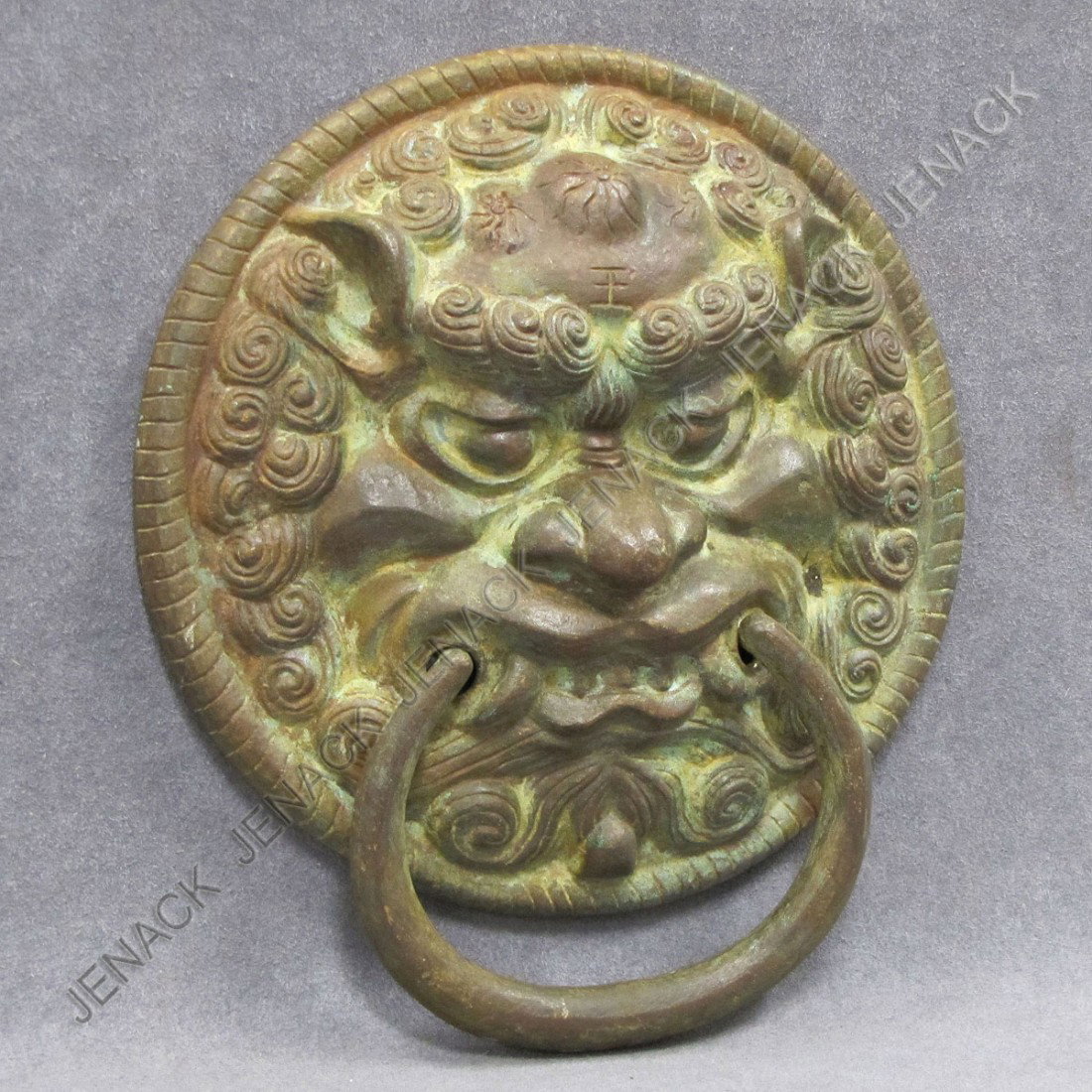 CHINESE BRONZE MASK-FORM DOOR HANDLE: CHINESE BRONZE MASK-FORM DOOR HANDLE. DIAMETER 8 1/4"