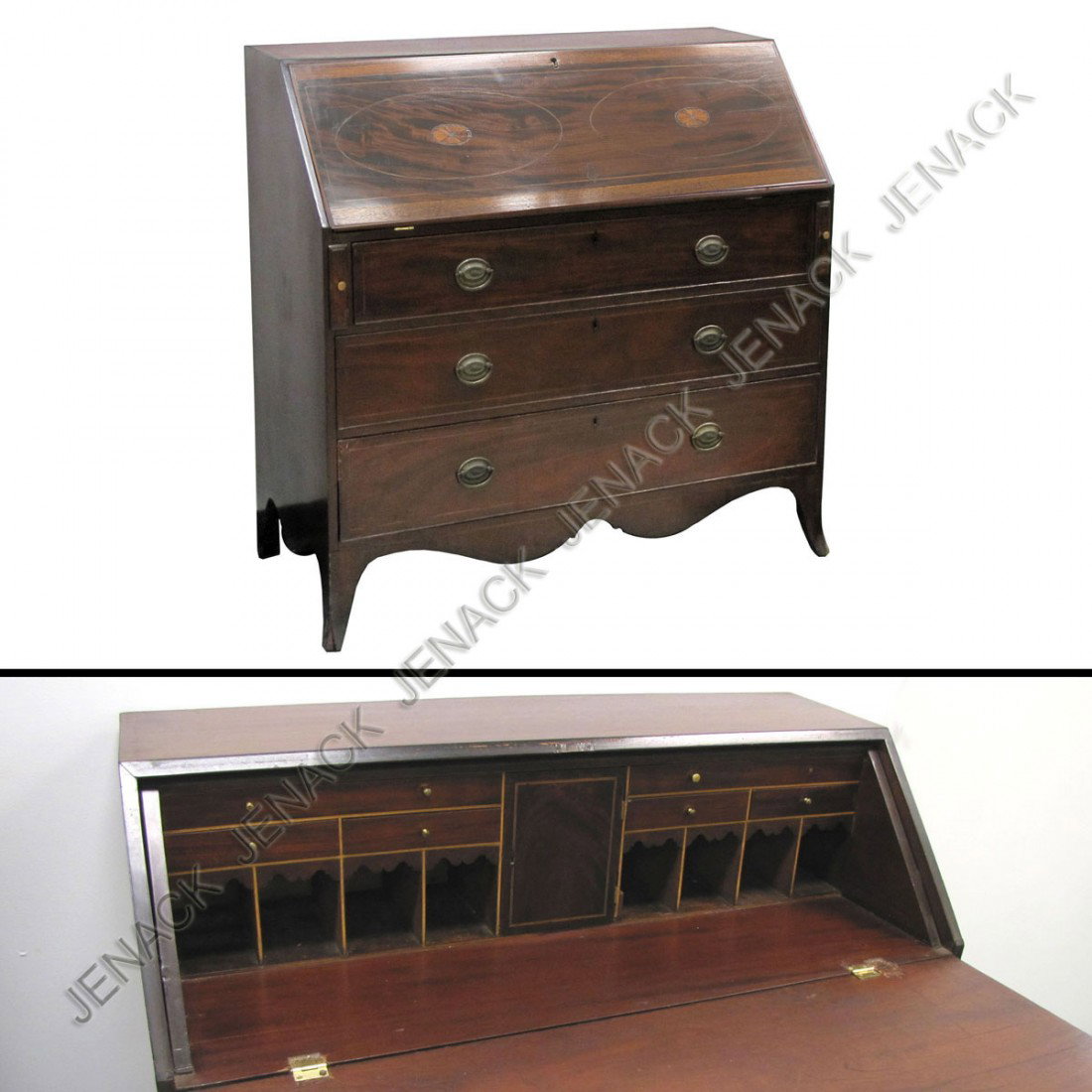 NY HEPPLEWHITE INLAID MAHOGANY SLANT FRONT DESK: NY HEPPLEWHITE INLAID MAHOGANY SLANT FRONT DESK, 18/19TH CENTURY. HEIGHT 45"; WIDTH 46"