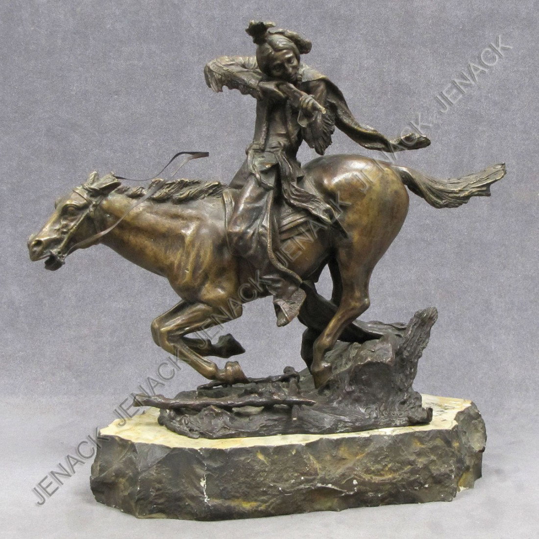 AFTER CARL KAUBA (AUSTRIAN 1866-1922), BRONZE : AFTER CARL KAUBA (AUSTRIAN 1866-1922), BRONZE, "ON THE WAR PATH", SIGNED (POSTHUMOUS). HEIGHT 14"; LENGTH 14 1/2" (GUN REPAIRED)