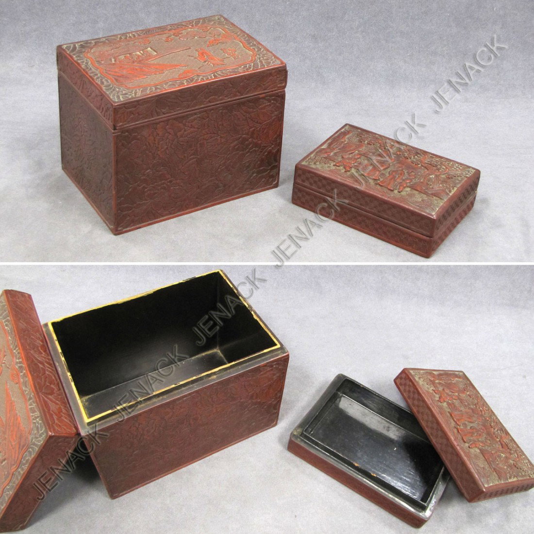 LOT (2) CHINESE CINNABAR COVERED BOXES: LOT (2) CHINESE CINNABAR COVERED BOXES. HEIGHT 5 1/4"; TOP 4 3/4 X 6 3/4" AND HEIGHT 1 3/4"; TOP 3 3/4 X 5 1/2"