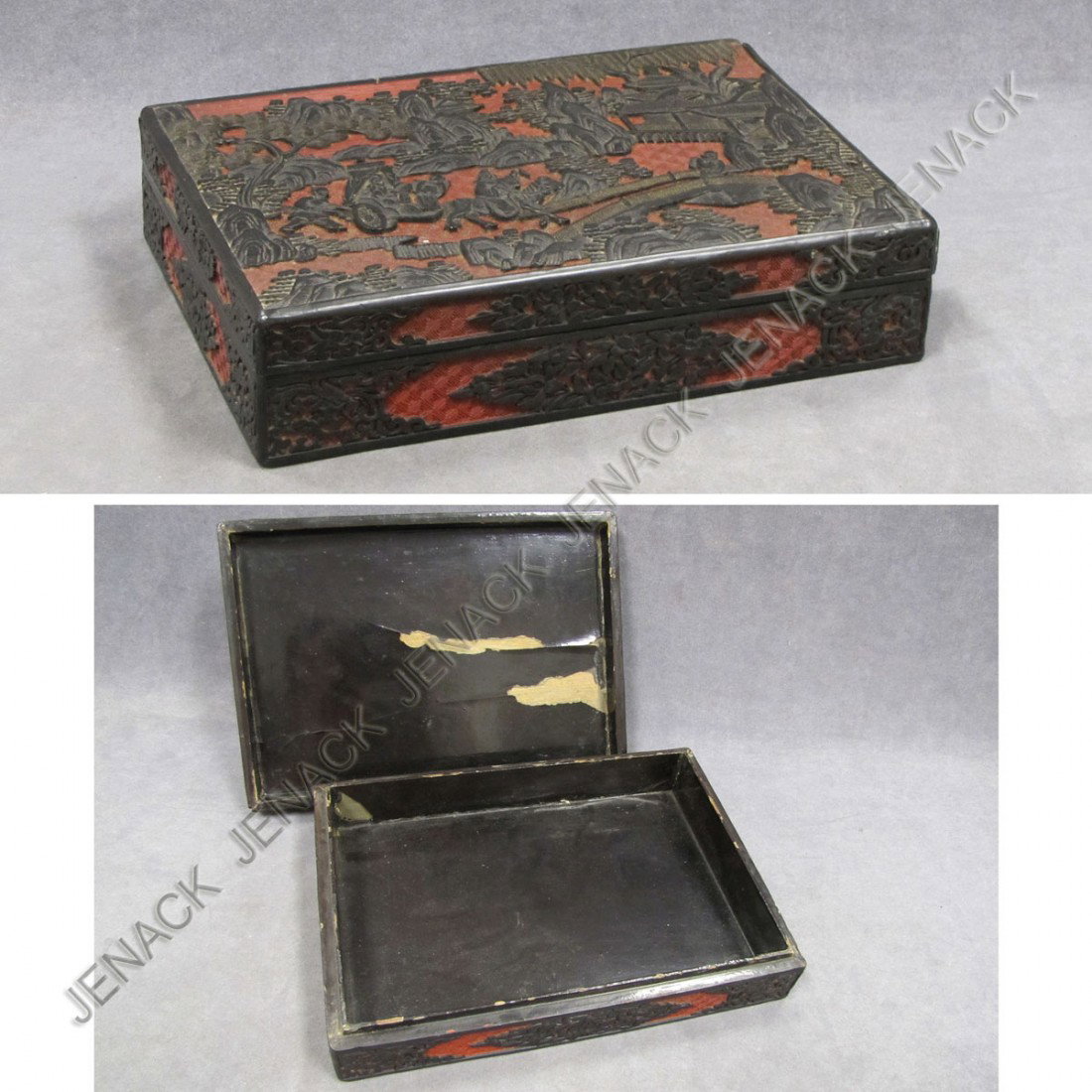 CHINESE CARVED CINNABAR COVERED BOX: CHINESE CARVED CINNABAR COVERED BOX, 19TH CENTURY. HEIGHT 3"; TOP 9 X 12 1/2" (IMPERFECTIONS)