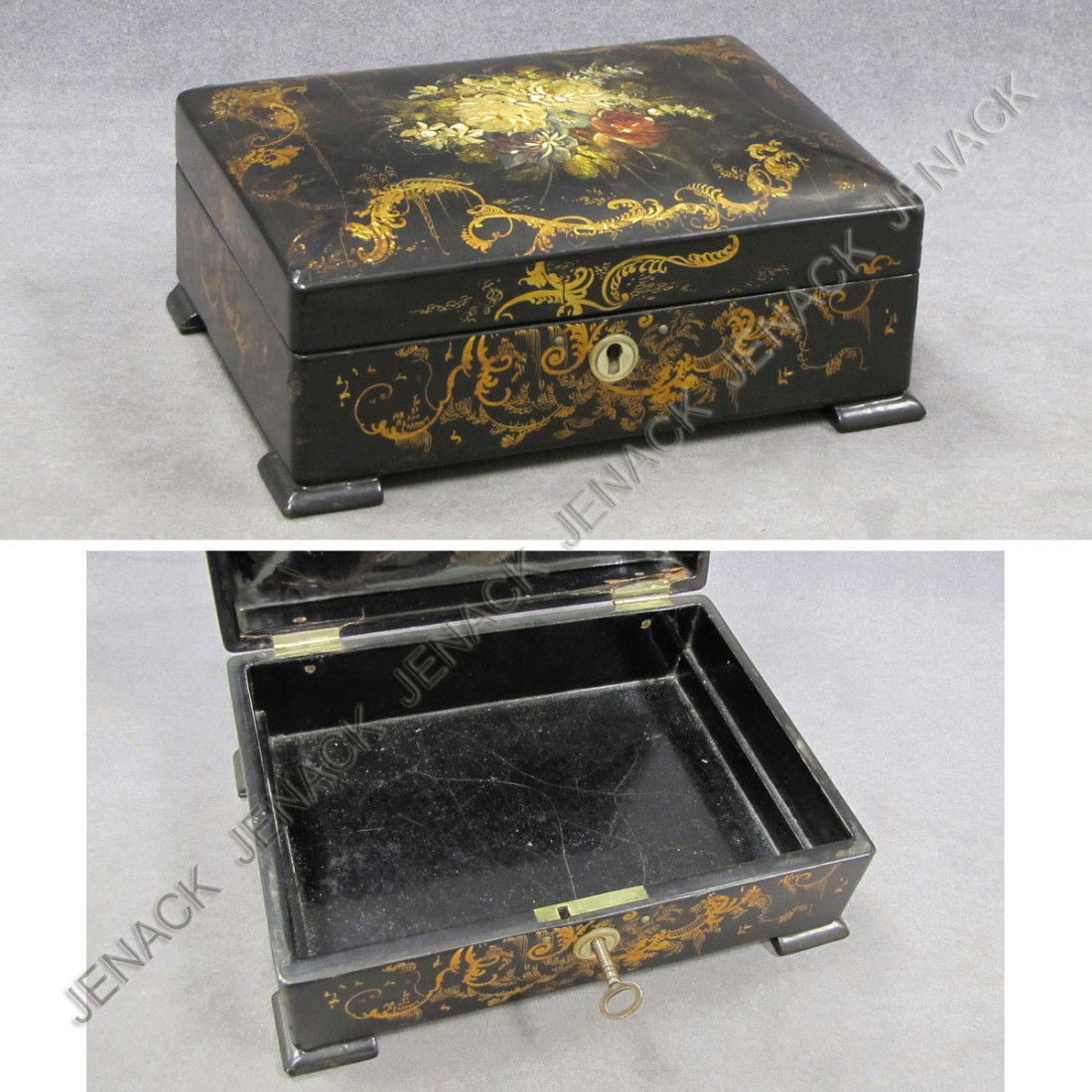 VICTORIAN HAND PAINTED MACHE COVERED BOX: VICTORIAN HAND PAINTED MACHE COVERED BOX, 19TH CENTURY. HEIGHT 3 1/2"; TOP 5 3/4 X 8"
