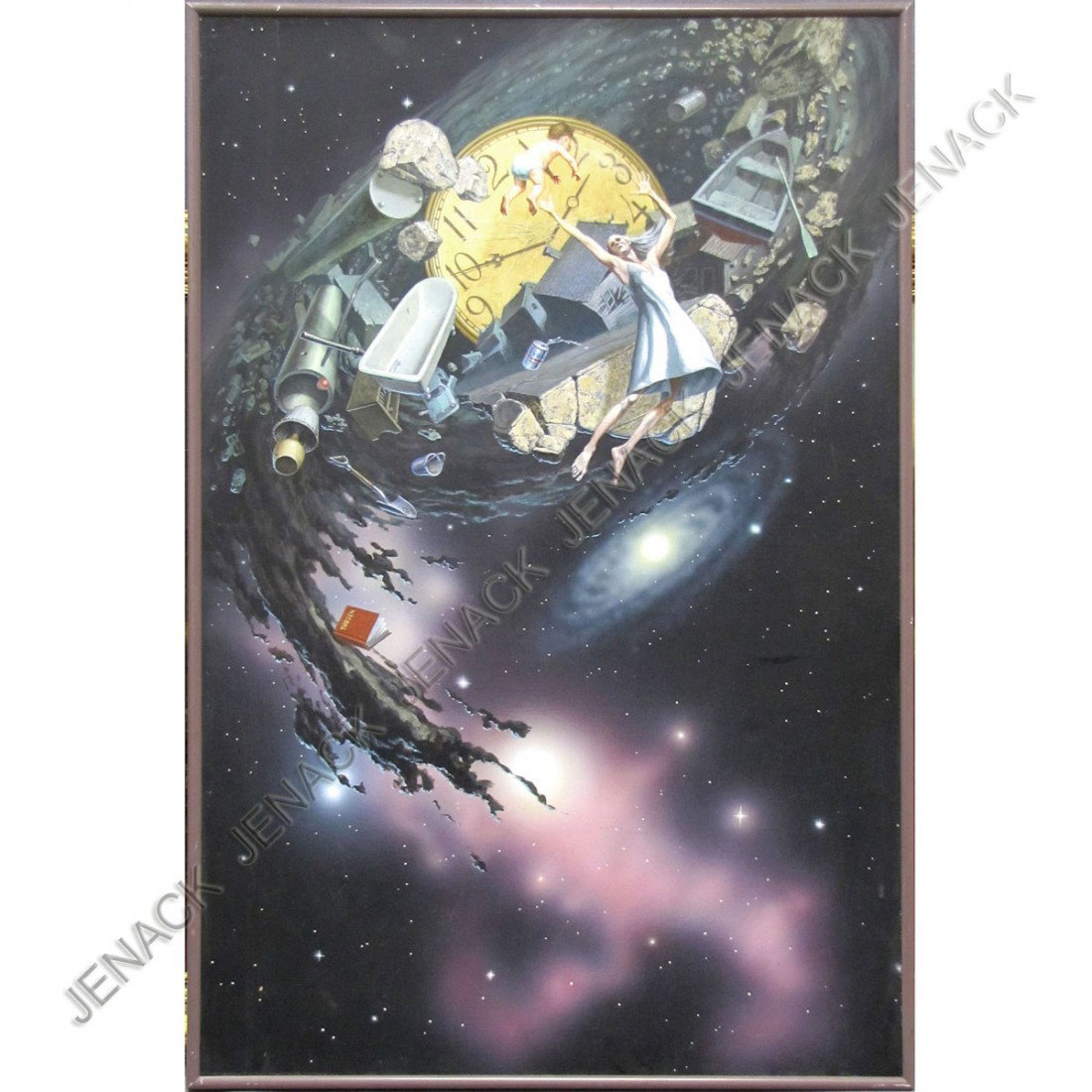 JAMES THIESEN (AMERICAN 20TH CENTURY), OIL : JAMES THIESEN (AMERICAN 20TH CENTURY), OIL ON PANEL, SURREALIST VIEW IN SPACE, SIGNED. 29 X 19"; FRAMED 30 X 20"