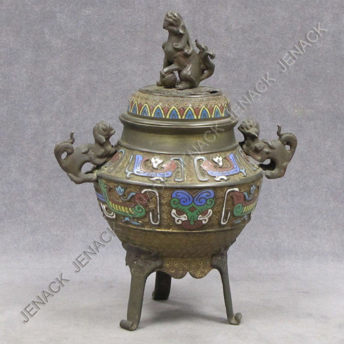 CHINESE CHAMPLEVE ENAMEL BRONZE TRI-FOOT CENSOR: CHINESE CHAMPLEVE ENAMEL DECORATED BRONZE TRI-FOOT CENSOR. HEIGHT 13"