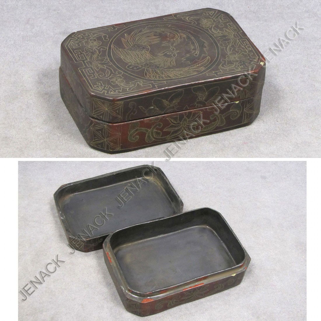 CHINESE DECORATED LACQUER COVERED BOX: CHINESE DECORATED LACQUER COVERED BOX. 3 3/4 X 5 1/2"