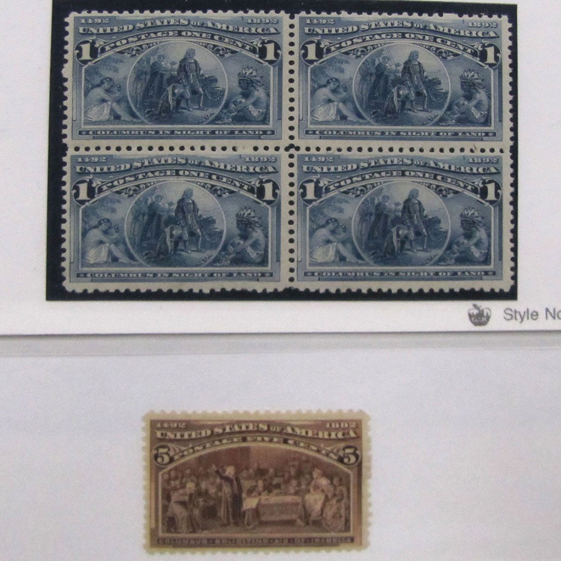LOT (5) U.S. POSTAGE STAMPS INCLUDING #230: LOT (5) U.S. POSTAGE STAMP, MINT, SCOTT CATALOG #230, BLOCK OF 4, 1 CENT COLUMBIAN, FINE/VERY FINE, N.H.; SCOTT CATALOG # 234, 5 CENT COLUMBIAN, VERY FINE, L.H. SCOTT CATALOG VALUE OVER $400.00