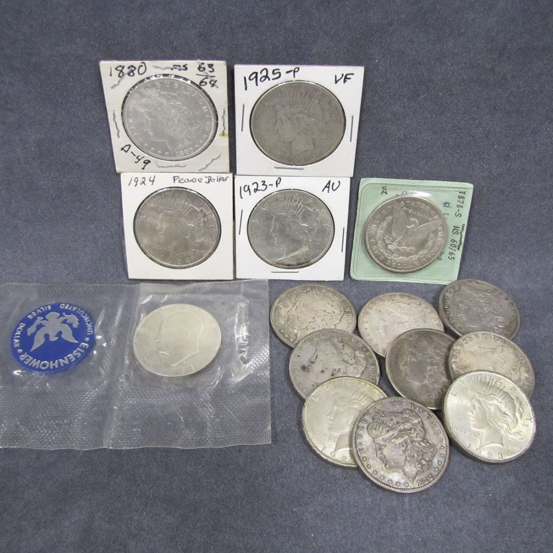 LOT (15) U.S. MORGAN, PEACE, AND EISENHOWER: LOT (15) ASSORTED U.S. MORGAN, PEACE, AND EISENHOWER SILVER DOLLAR COINS