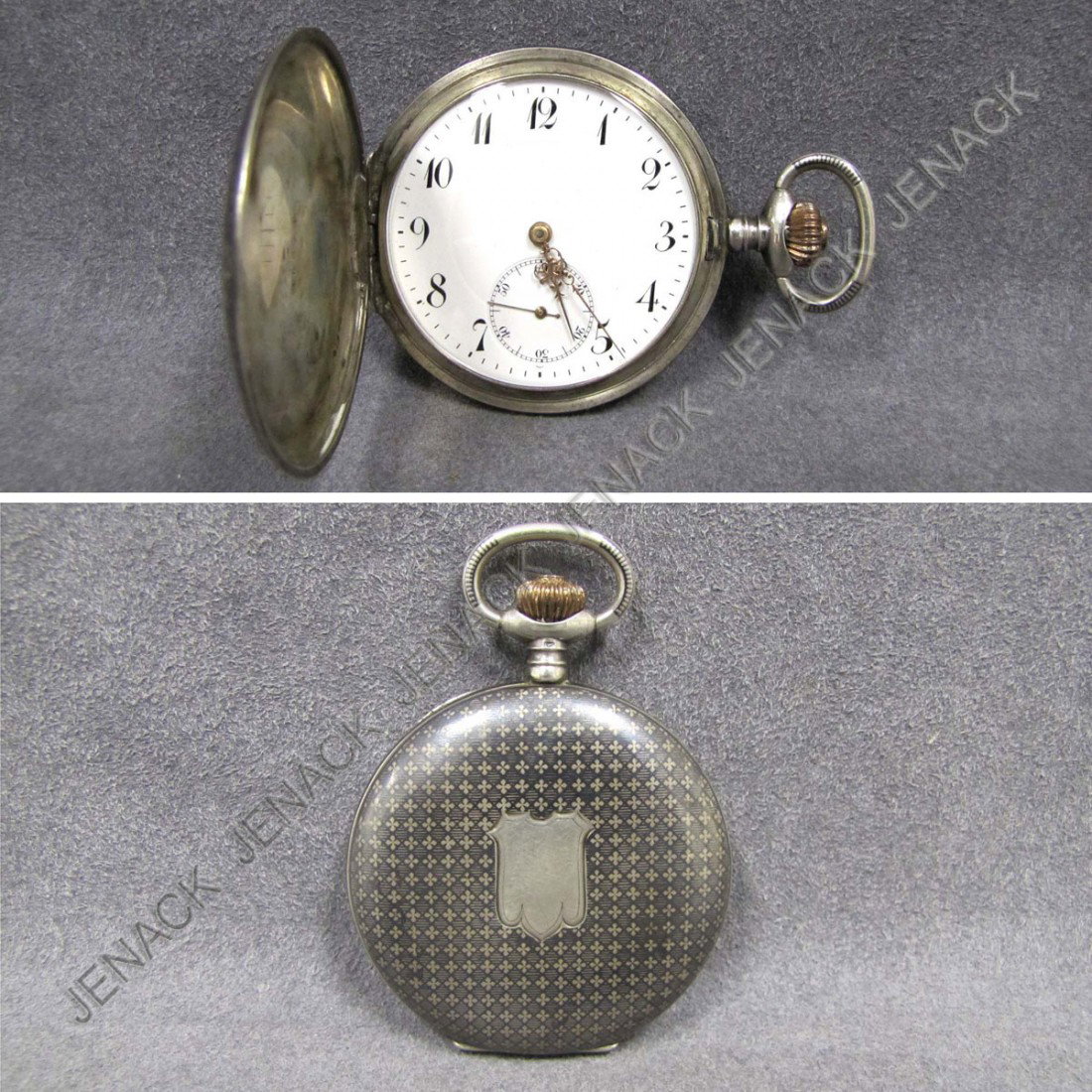 HELA 800 SILVER DAMASCENE POCKET WATCH: VINTAGE HELA 800 SILVER DAMASCENE HUNTER CASE POCKET WATCH, 51MM
