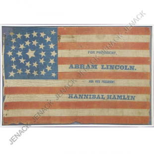 RARE ABRAHAM LINCOLN 1860 CAMPAIGN FLAG: RARE ABRAHAM LINCOLN 1860 CAMPAIGN FLAG. NOTE: UNIQUE SPELLING OF LINCOLN'S FIRST NAME "ABRAM" AND LARGER SIZE. 22 X 34"