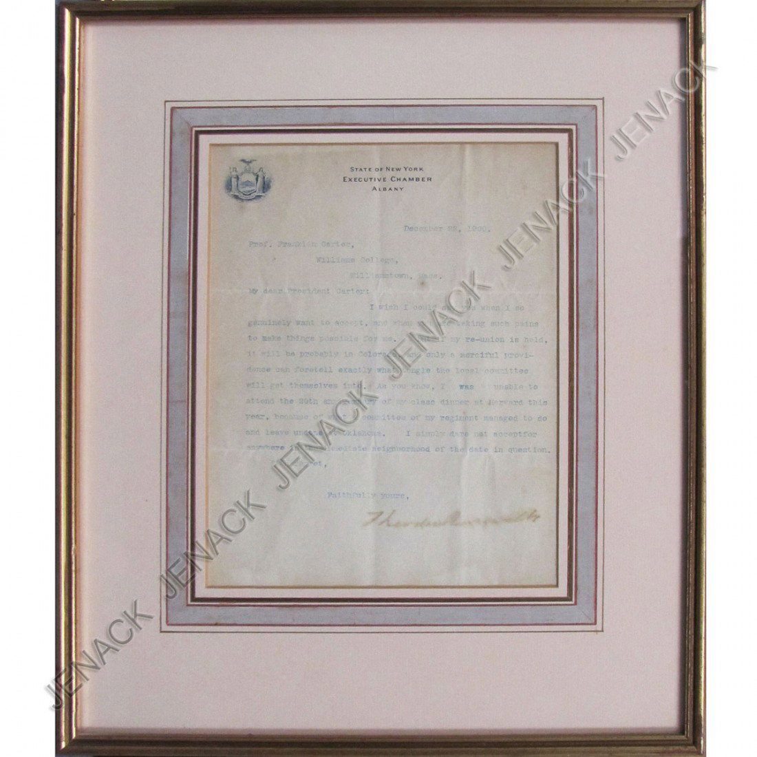 THEODORE ROOSEVELT (26TH PRESIDENT 1858-1919): THEODORE ROOSEVELT (26TH PRESIDENT 1858-1919) AS GOVERNOR OF NYS TSL, DEC. 22, 1900. FRAMED & GLAZED 16 X 13 1/2"