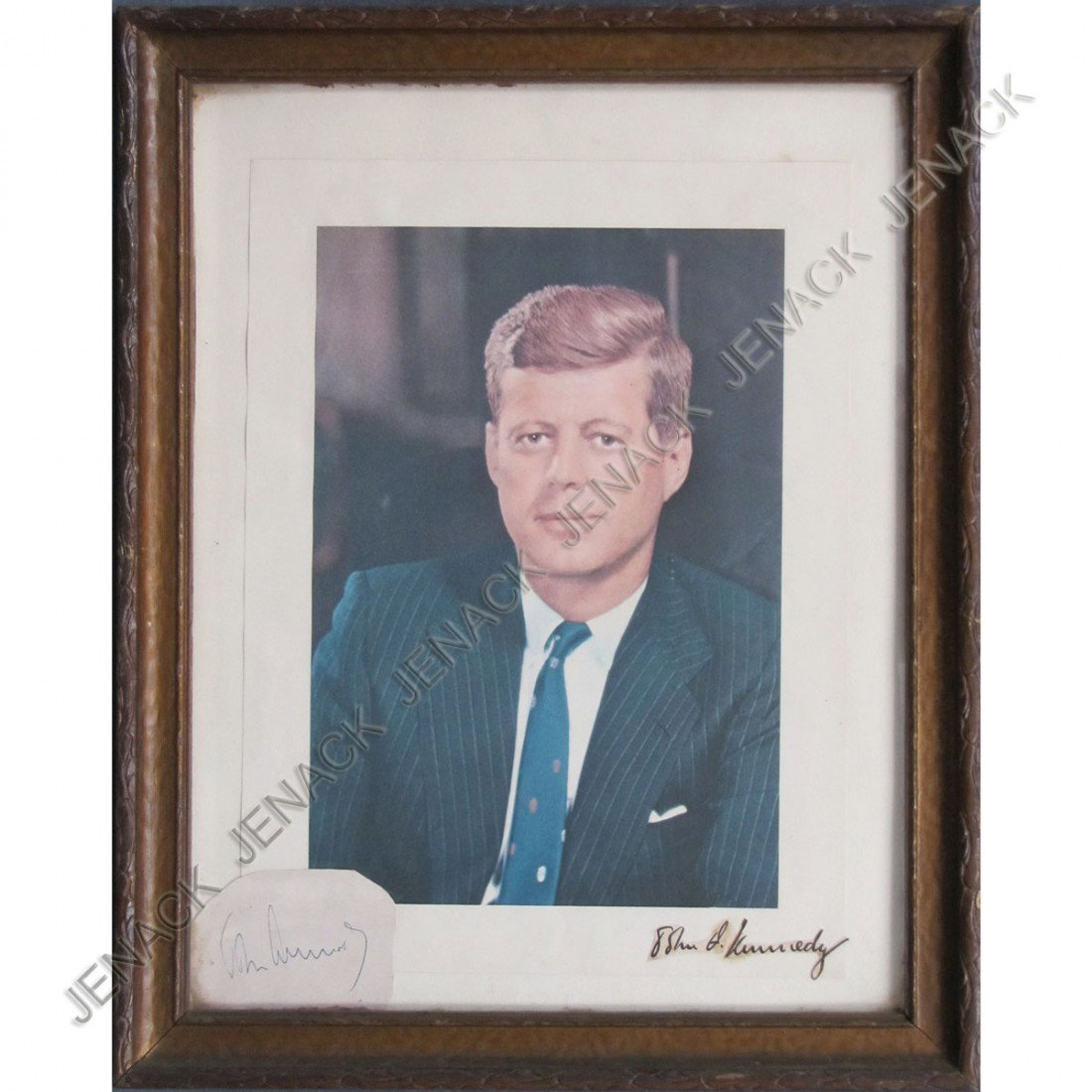 JOHN F. KENNEDY (35TH PRESIDENT) AUTOGRAPH CUT: JOHN F. KENNEDY (35TH PRESIDENT) AUTOGRAPH CUT WITH PRINT. FRAMED AND GLAZED-15 1/2 X 12 1/2"
